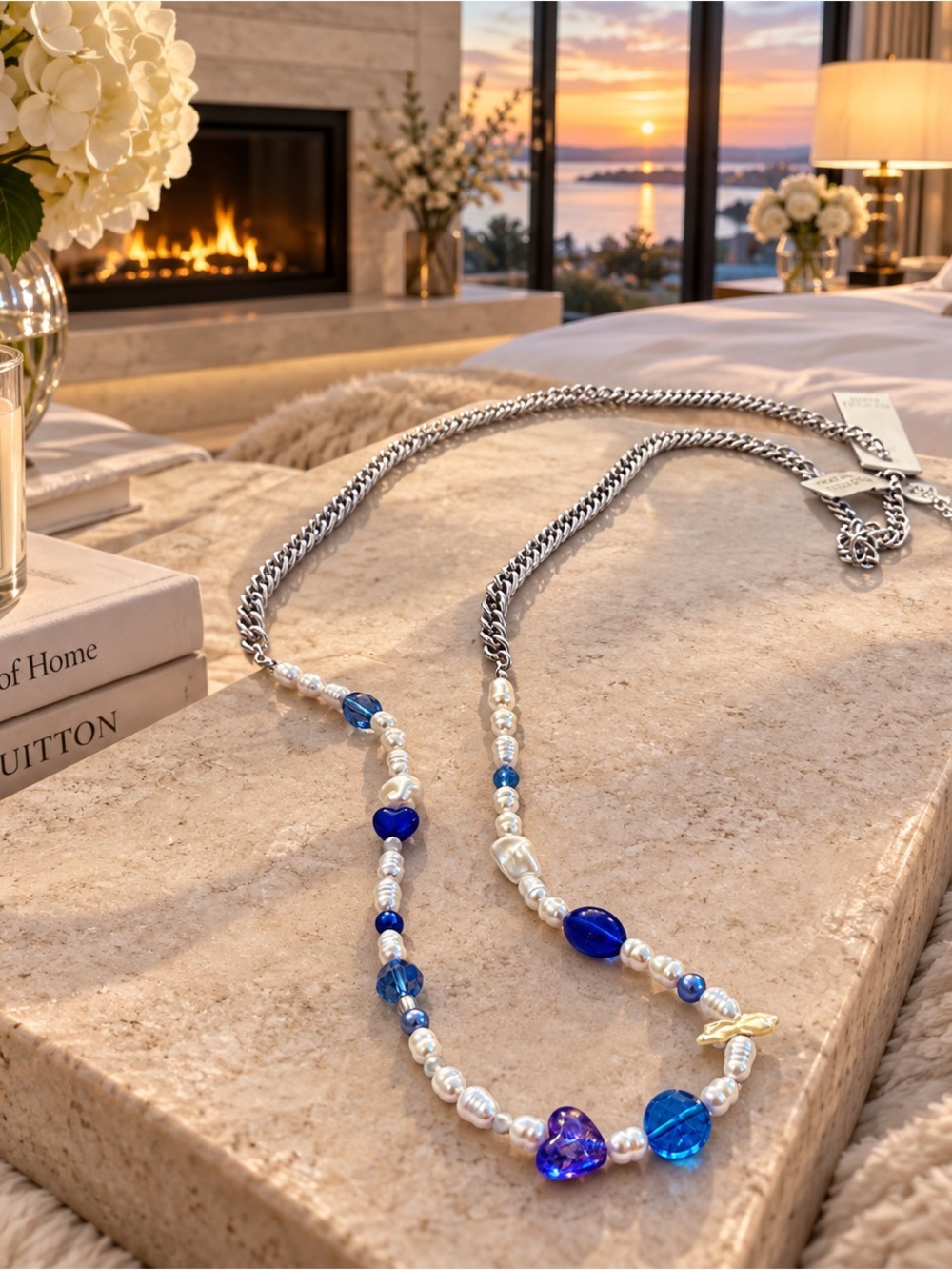 Free People Belly Chain Silver with Blue Heart & Pearl Accents